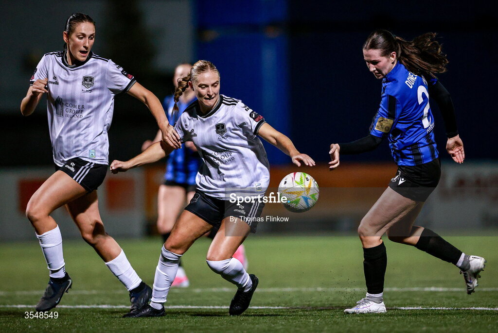 22 August 2026; Hazel Donegan of Athlone Town in action against Jade Rehberger, centre, and Ella Raimondi of Galway United during the Club Orange Women’s FAI Cup semi-final match between Athlone Town and Galway United at Athlone Town Stadium in Lissywollen, Athlone. Photo by Thomas Flinkow/Sportsfile