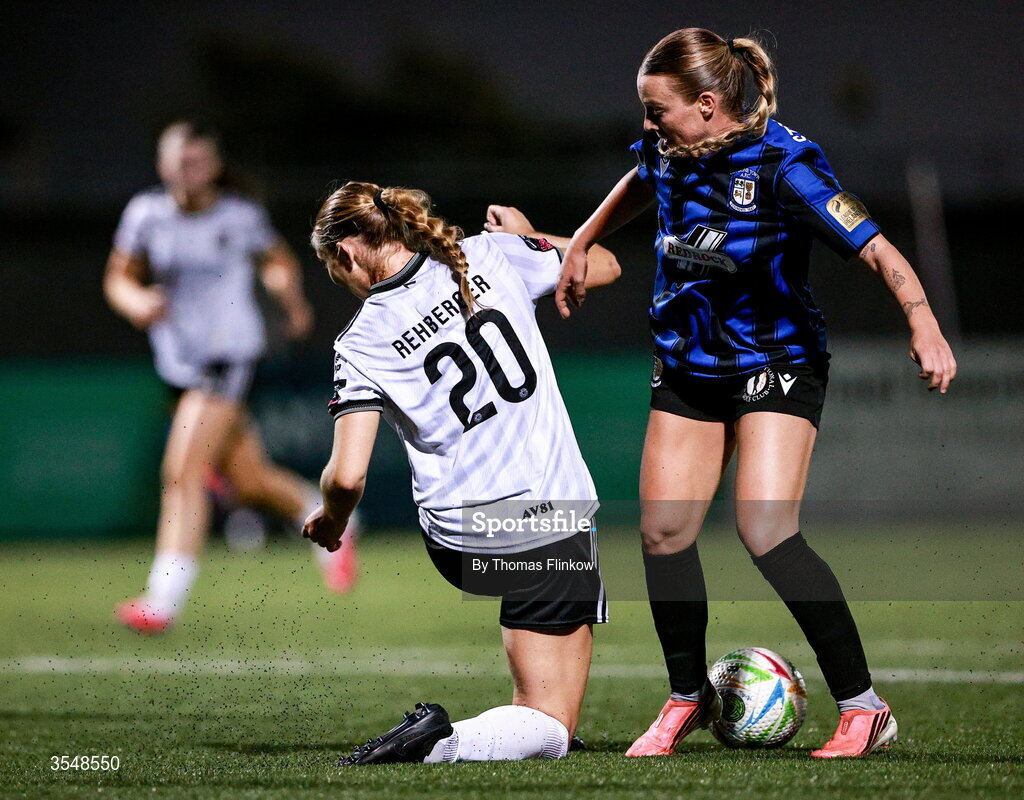 22 August 2026; Alexis Strickland of Athlone Town in action against Jade Rehberger of Galway United during the Club Orange Women’s FAI Cup semi-final match between Athlone Town and Galway United at Athlone Town Stadium in Lissywollen, Athlone. Photo by Thomas Flinkow/Sportsfile