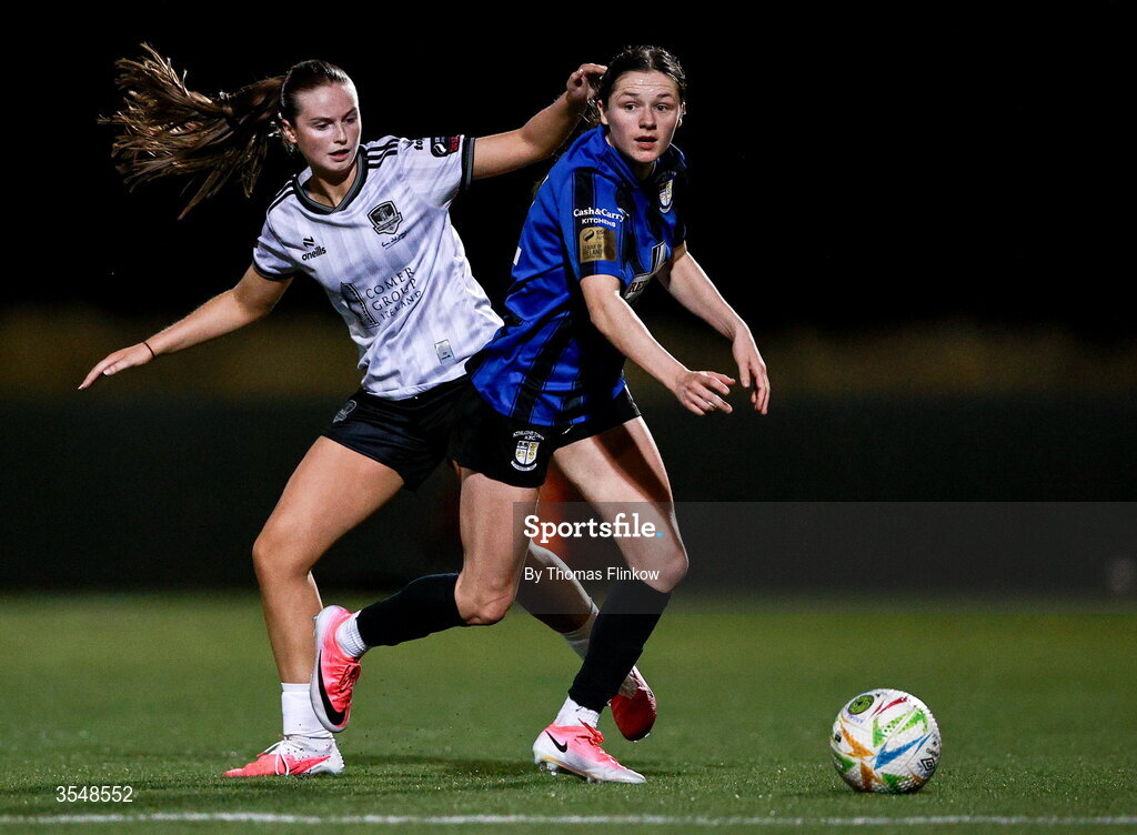 22 August 2026; Roisin Molloy of Athlone Town in action against Lucy Jayne Grant of Galway United during the Club Orange Women’s FAI Cup semi-final match between Athlone Town and Galway United at Athlone Town Stadium in Lissywollen, Athlone. Photo by Thomas Flinkow/Sportsfile