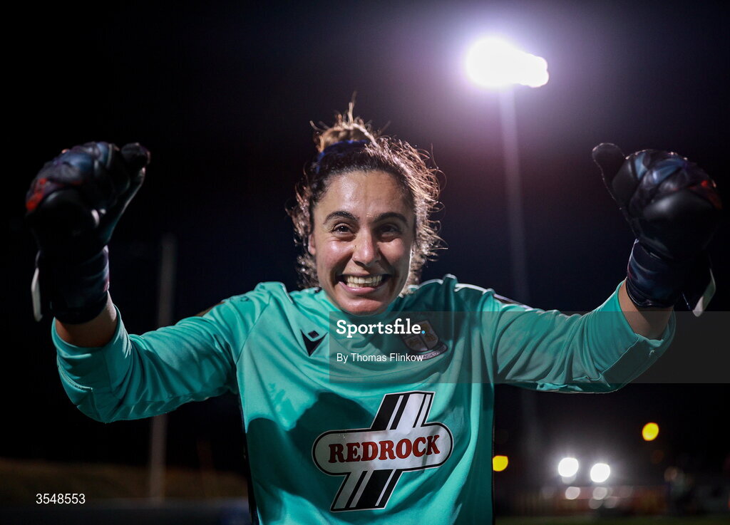 22 August 2026; Athlone Town goalkeeper Maria Matthaiou celebrates after her side's victory in the Club Orange Women’s FAI Cup semi-final match between Athlone Town and Galway United at Athlone Town Stadium in Lissywollen, Athlone. Photo by Thomas Flinkow/Sportsfile