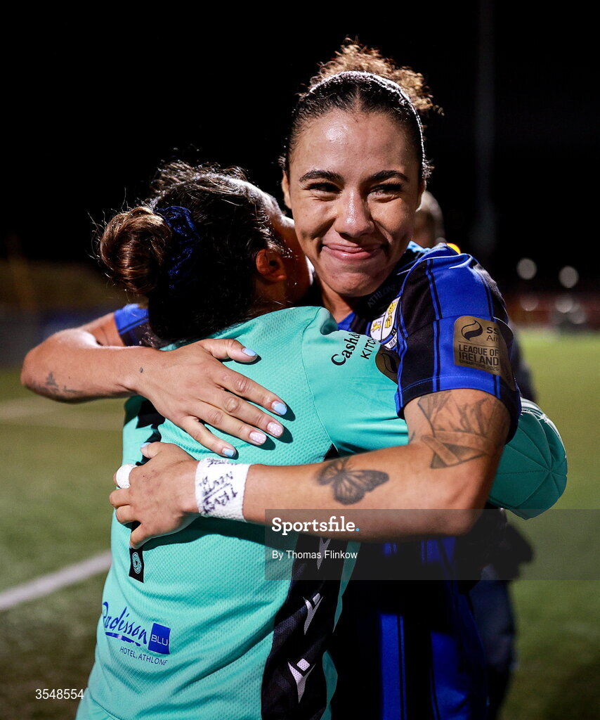 22 August 2026; Athlone Town goalkeeper Maria Matthaiou and Kelis Barton celebrate after their side's victory in the Club Orange Women’s FAI Cup semi-final match between Athlone Town and Galway United at Athlone Town Stadium in Lissywollen, Athlone. Photo by Thomas Flinkow/Sportsfile