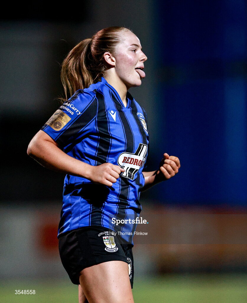 22 August 2026; Kerryanne Brown of Athlone Town celebrates after scoring during penalty shootout in the Club Orange Women’s FAI Cup semi-final match between Athlone Town and Galway United at Athlone Town Stadium in Lissywollen, Athlone. Photo by Thomas Flinkow/Sportsfile