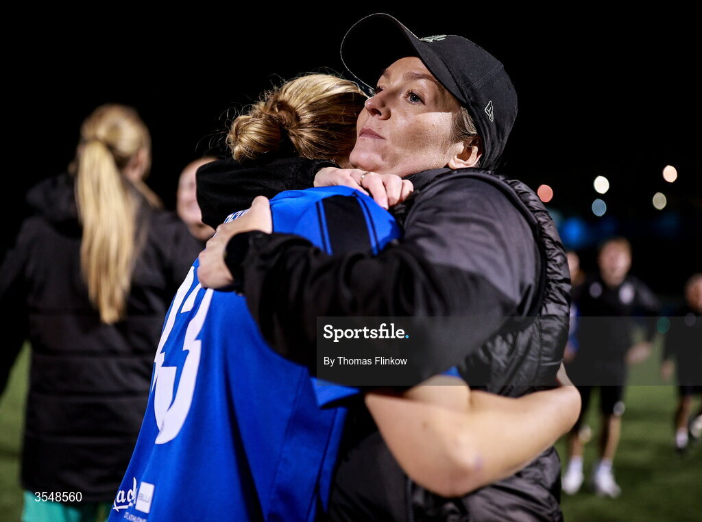 22 August 2026; Athlone Town head coach Lily Agg and player Phoebe Hampson celebrate after their victory in the Club Orange Women’s FAI Cup semi-final match between Athlone Town and Galway United at Athlone Town Stadium in Lissywollen, Athlone. Photo by Thomas Flinkow/Sportsfile