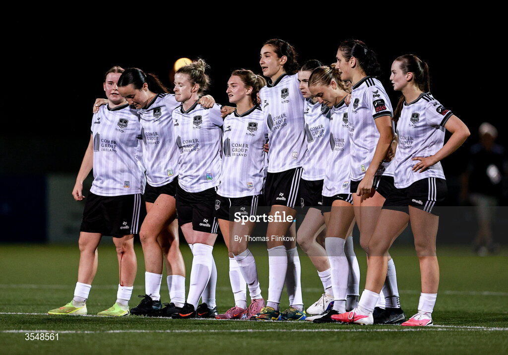 22 August 2026; Galway United players react during the penalty shootout in the Club Orange Women’s FAI Cup semi-final match between Athlone Town and Galway United at Athlone Town Stadium in Lissywollen, Athlone. Photo by Thomas Flinkow/Sportsfile