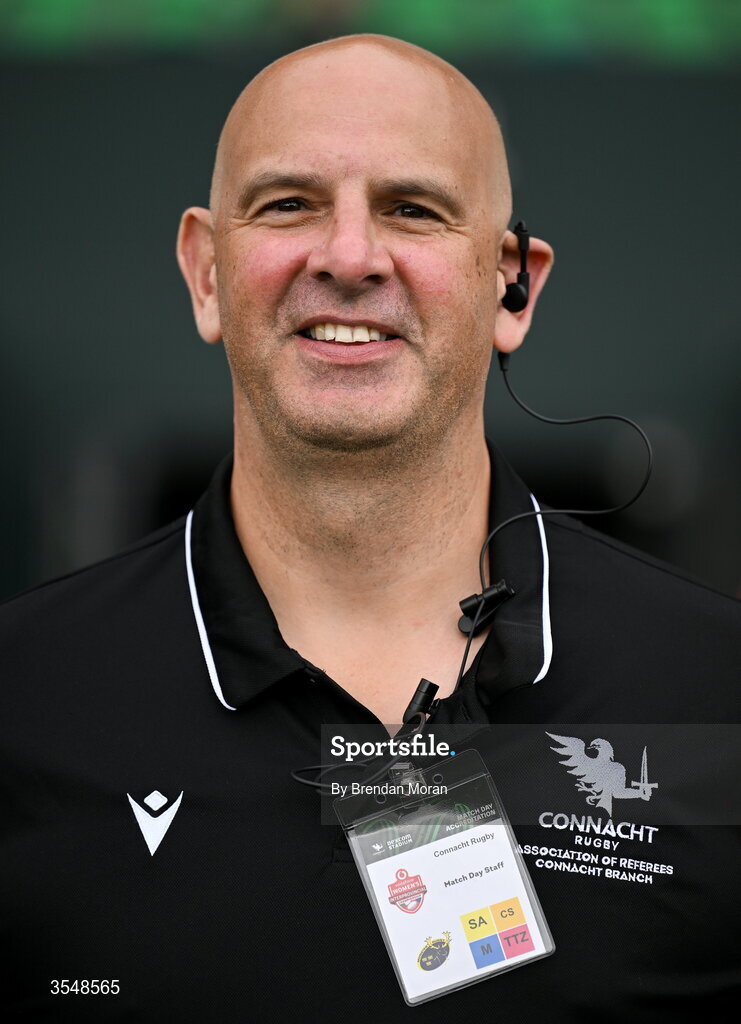 22 August 2026; Match official John Hunt before the Vodafone Womens Interprovincial Championship Round 3 match between Connacht and Munster at Dexcom Stadium in Galway. Photo by Brendan Moran/Sportsfile