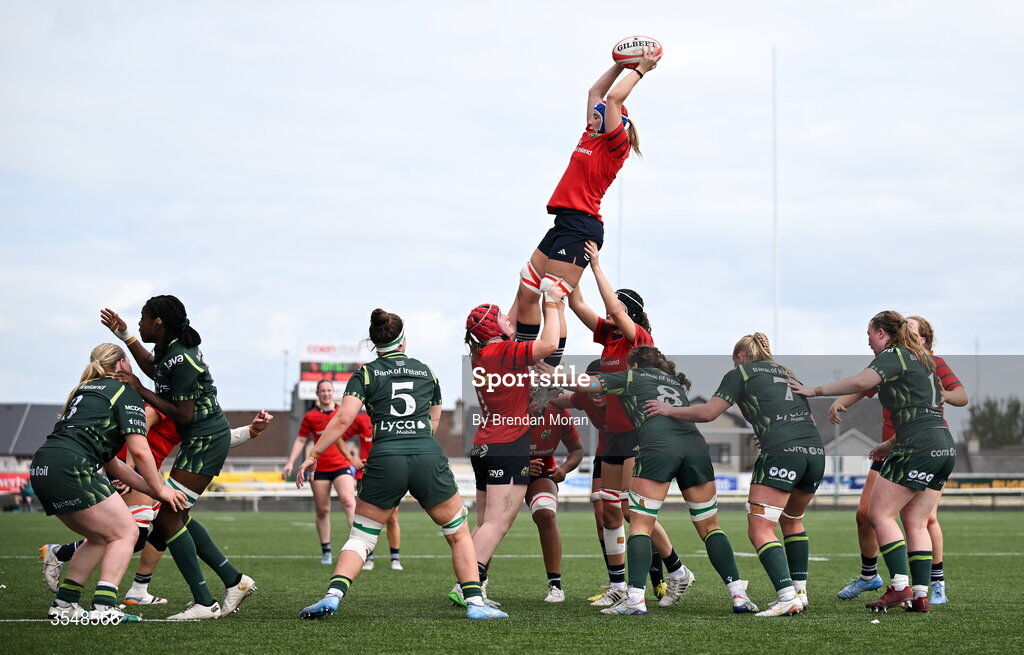 22 August 2026; Clodagh O’Halloran of Munster takes the ball in a lineout during the Vodafone Womens Interprovincial Championship Round 3 match between Connacht and Munster at Dexcom Stadium in Galway. Photo by Brendan Moran/Sportsfile