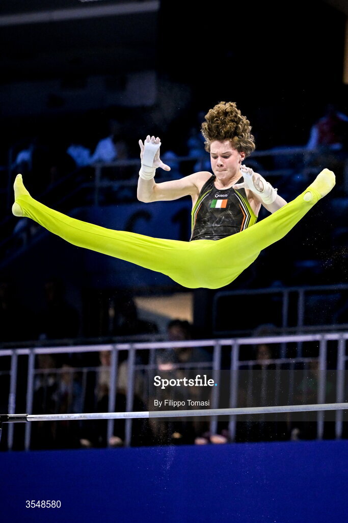 23 August 2026; Robert Ward of Ireland competes on the high bar during the Junior All-Around Final on day five of the 2026 European Championships in Men's Artistic Gymnastics at Arena Zagreb in Croatia. Photo by Filippo Tomasi/Sportsfile