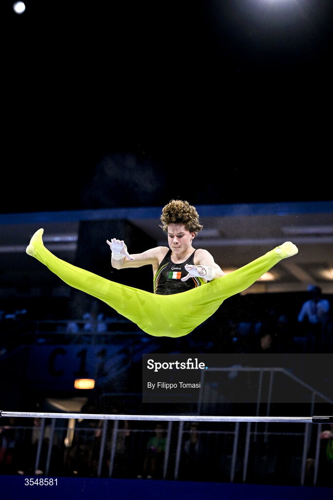 23 August 2026; Robert Ward of Ireland competes on the high bar during the Junior All-Around Final on day five of the 2026 European Championships in Men's Artistic Gymnastics at Arena Zagreb in Croatia. Photo by Filippo Tomasi /Sportsfile