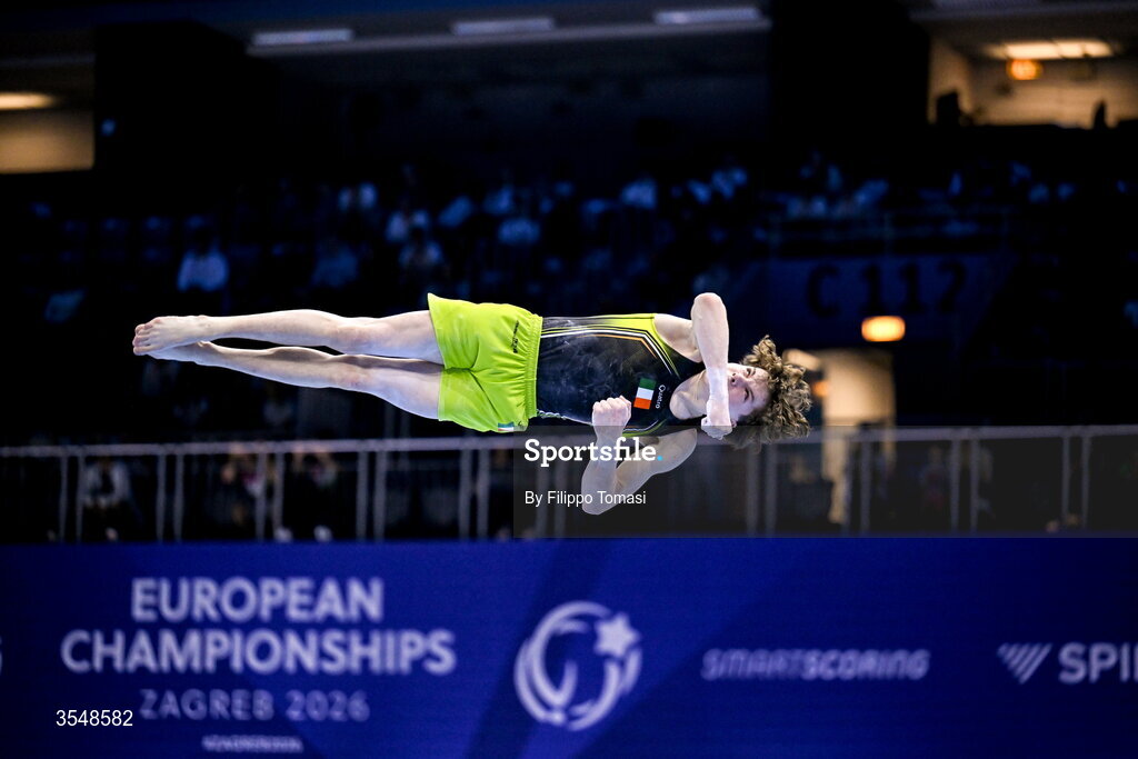 23 August 2026; Robert Ward of Ireland competes on the high bar during the Junior All-Around Final on day five of the 2026 European Championships in Men's Artistic Gymnastics at Arena Zagreb in Croatia. Photo by Filippo Tomasi/Sportsfile