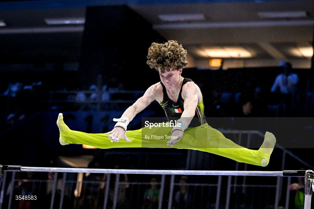 23 August 2026; Robert Ward of Ireland competes on the high bar during the Junior All-Around Final on day five of the 2026 European Championships in Men's Artistic Gymnastics at Arena Zagreb in Croatia. Photo by Filippo Tomasi /Sportsfile