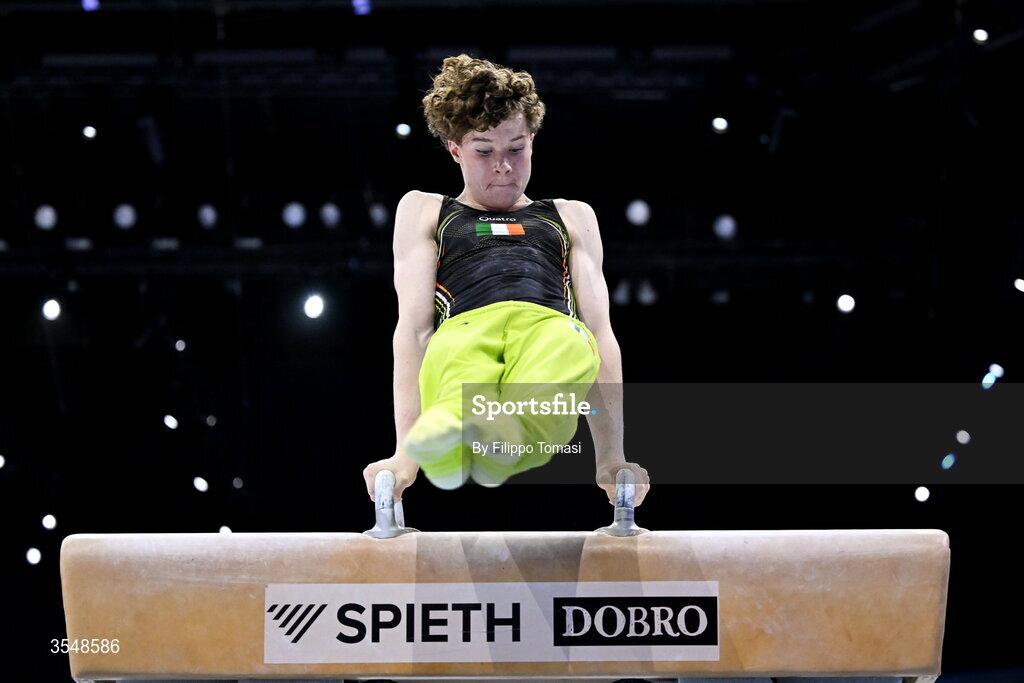 23 August 2026; Robert Ward of Ireland competes on the pommel horse during the Junior All-Around Final on day five of the 2026 European Championships in Men's Artistic Gymnastics at Arena Zagreb in Croatia. Photo by Filippo Tomasi/Sportsfile