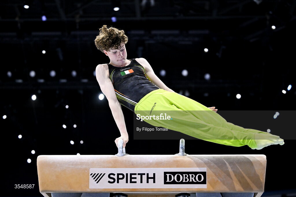 23 August 2026; Robert Ward of Ireland competes on the pommel horse during the Junior All-Around Final on day five of the 2026 European Championships in Men's Artistic Gymnastics at Arena Zagreb in Croatia. Photo by Filippo Tomasi/Sportsfile