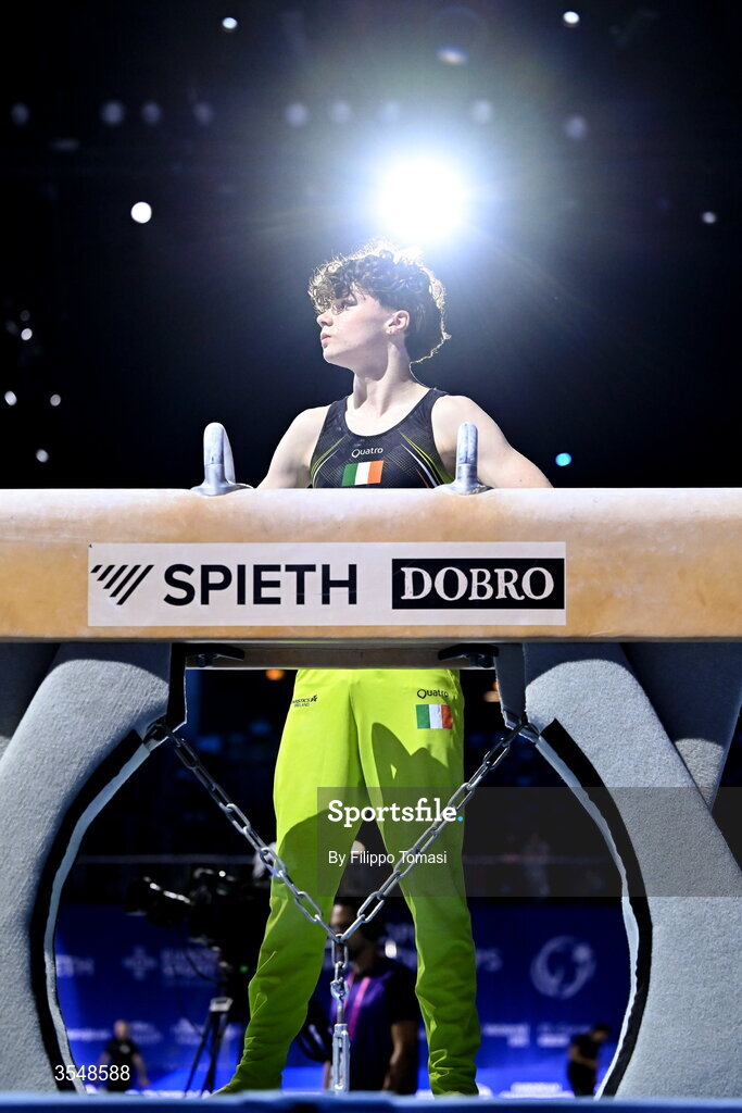 23 August 2026; Robert Ward of Ireland competes on the pommel horse during the Junior All-Around Final on day five of the 2026 European Championships in Men's Artistic Gymnastics at Arena Zagreb in Croatia. Photo by Filippo Tomasi/Sportsfile