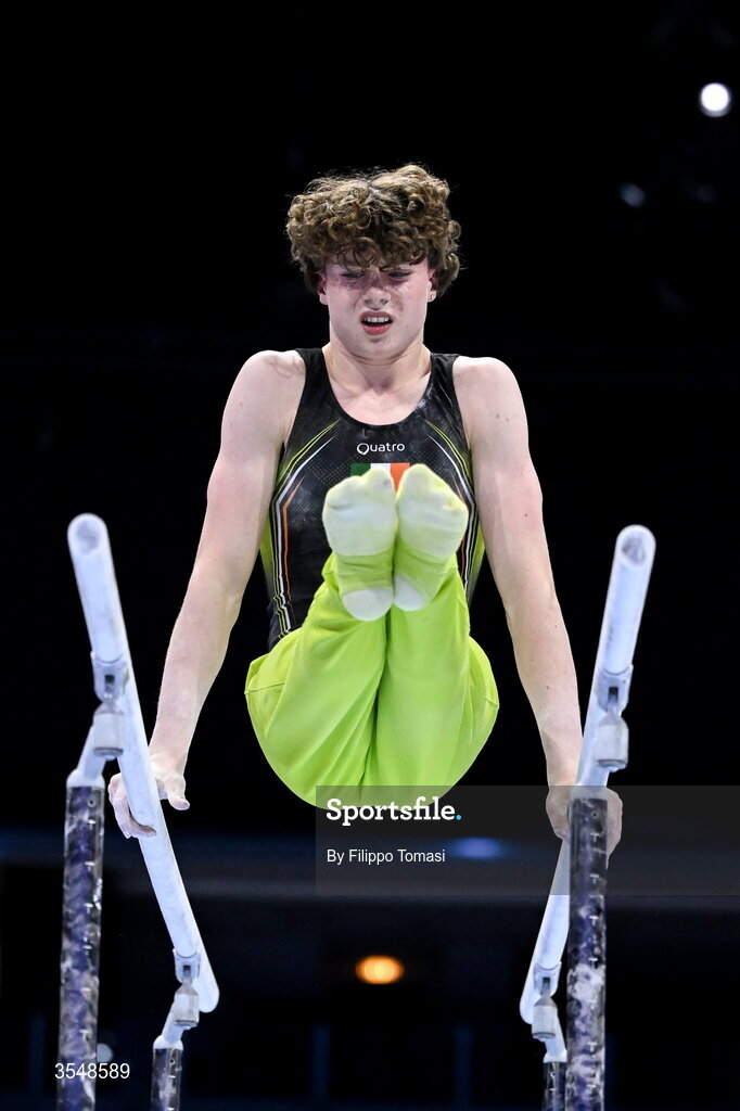 23 August 2026; Robert Ward of Ireland competes on the parallel bars during the Junior All-Around Final on day five of the 2026 European Championships in Men's Artistic Gymnastics at Arena Zagreb in Croatia. Photo by Filippo Tomasi/Sportsfile