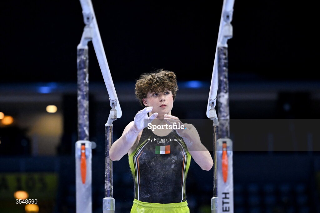 23 August 2026; Robert Ward of Ireland competes on the parallel bars during the Junior All-Around Final on day five of the 2026 European Championships in Men's Artistic Gymnastics at Arena Zagreb in Croatia. Photo by Filippo Tomasi/Sportsfile