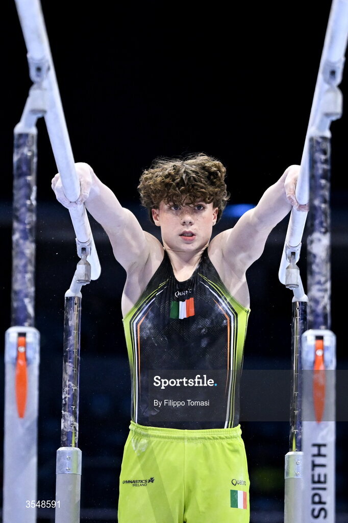 23 August 2026; Robert Ward of Ireland competes on the parallel bars during the Junior All-Around Final on day five of the 2026 European Championships in Men's Artistic Gymnastics at Arena Zagreb in Croatia. Photo by Filippo Tomasi/Sportsfile