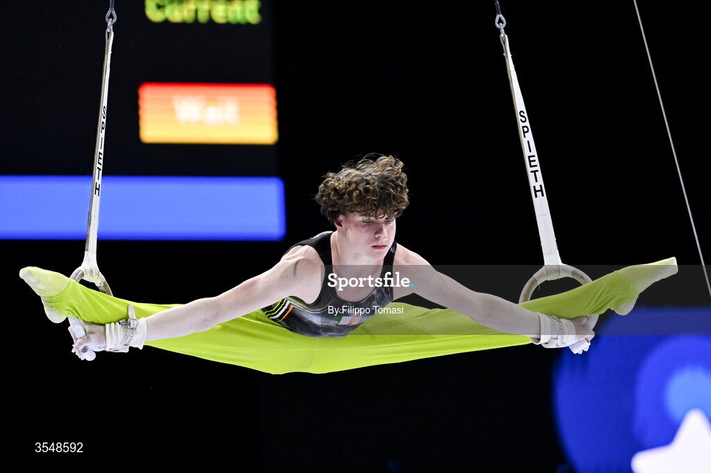 23 August 2026; Robert Ward of Ireland competes on the rings during the Junior All-Around Final on day five of the 2026 European Championships in Men's Artistic Gymnastics at Arena Zagreb in Croatia. Photo by Filippo Tomasi /Sportsfile