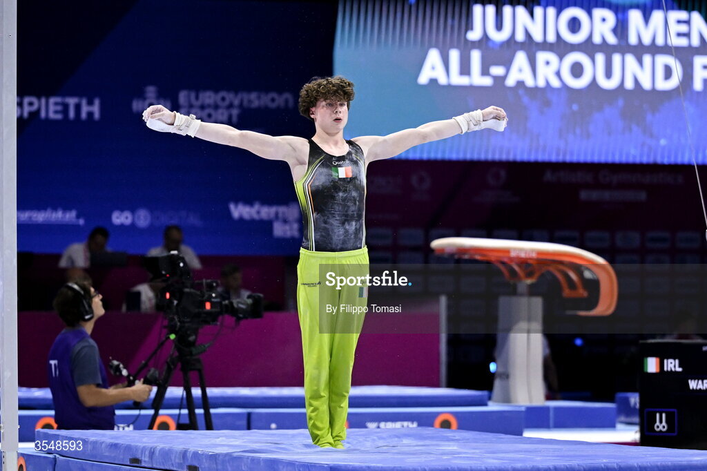 23 August 2026; Robert Ward of Ireland competes during the Junior All-Around Final on day five of the 2026 European Championships in Men's Artistic Gymnastics at Arena Zagreb in Croatia. Photo by Filippo Tomasi /Sportsfile