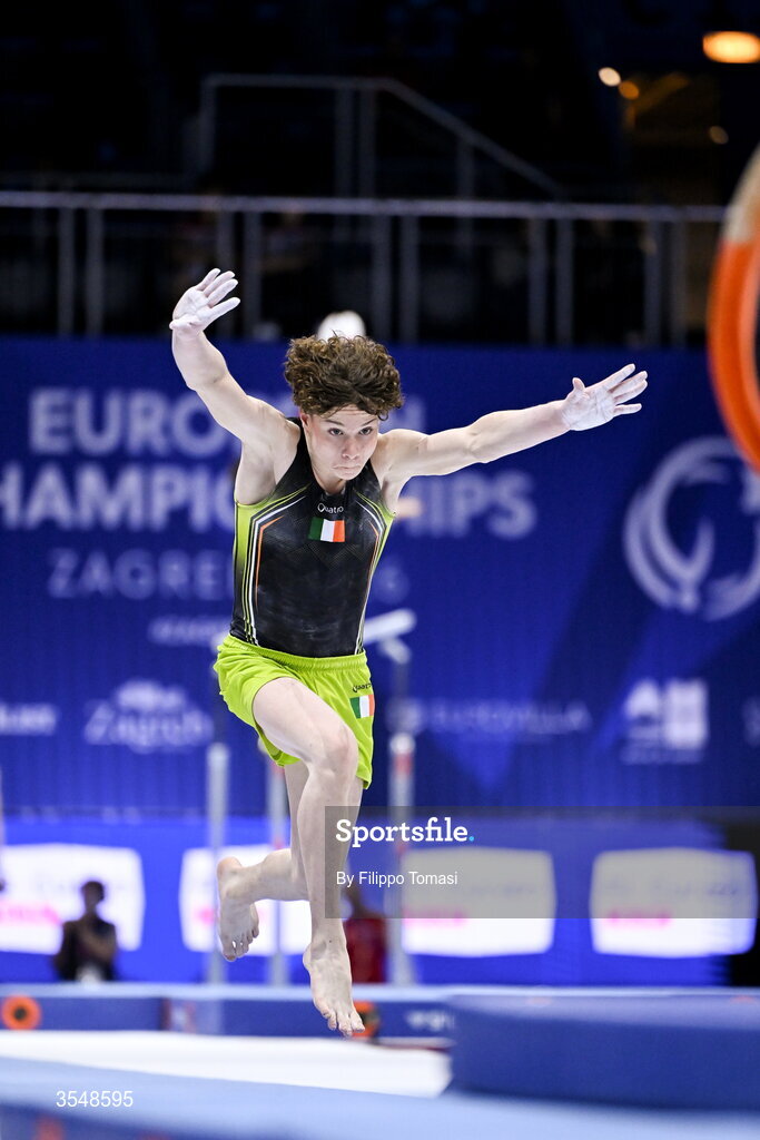 23 August 2026; Robert Ward of Ireland competes on the vault during the Junior All-Around Final on day five of the 2026 European Championships in Men's Artistic Gymnastics at Arena Zagreb in Croatia. Photo by Filippo Tomasi /Sportsfile