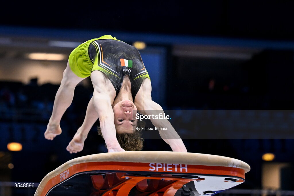23 August 2026; Robert Ward of Ireland competes on the vault during the Junior All-Around Final on day five of the 2026 European Championships in Men's Artistic Gymnastics at Arena Zagreb in Croatia. Photo by Filippo Tomasi /Sportsfile