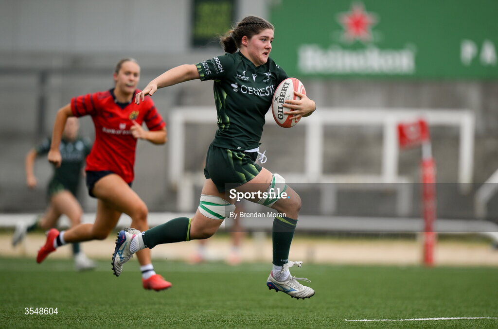 22 August 2026; Jemima Adams Verling of Connacht on the way to scoring her side's second try during the Vodafone Womens Interprovincial Championship Round 3 match between Connacht and Munster at Dexcom Stadium in Galway. Photo by Brendan Moran/Sportsfile
