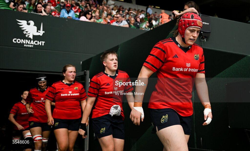 22 August 2026; Sally Kelly of Munster leads her teammates onto the pitch before the Vodafone Womens Interprovincial Championship Round 3 match between Connacht and Munster at Dexcom Stadium in Galway. Photo by Brendan Moran/Sportsfile