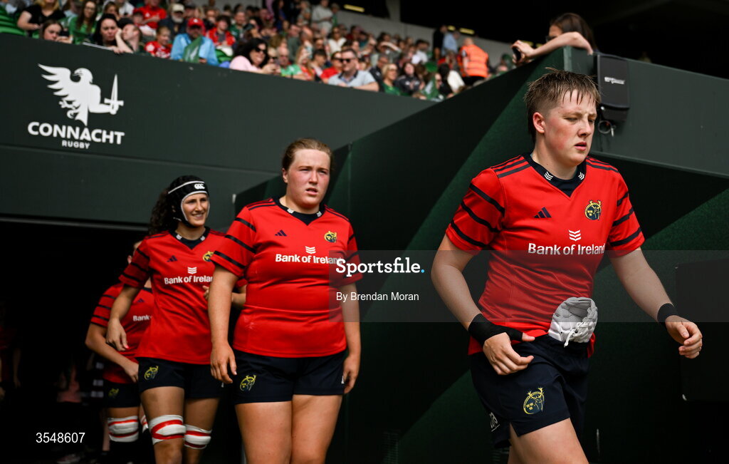 22 August 2026; Beth Buttimer of Munster leads her teammates onto the pitch before the Vodafone Womens Interprovincial Championship Round 3 match between Connacht and Munster at Dexcom Stadium in Galway. Photo by Brendan Moran/Sportsfile