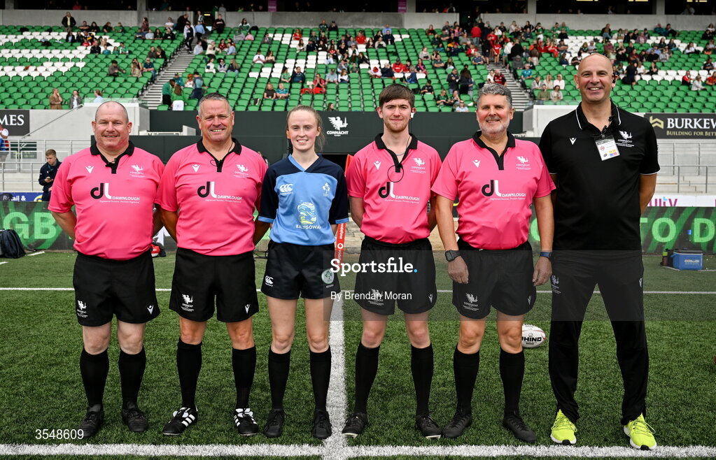 22 August 2026; Match officials, from left, Jason Craughwell, Michael Honan, Alana Kerr, Eoin Staunton, John Fitzmarice and John Hunt before the Vodafone Womens Interprovincial Championship Round 3 match between Connacht and Munster at Dexcom Stadium in Galway. Photo by Brendan Moran/Sportsfile