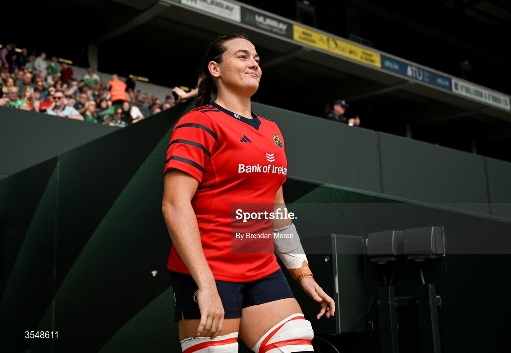 22 August 2026; Jane Clohessy of Munster walks onto the pitch before the Vodafone Womens Interprovincial Championship Round 3 match between Connacht and Munster at Dexcom Stadium in Galway. Photo by Brendan Moran/Sportsfile