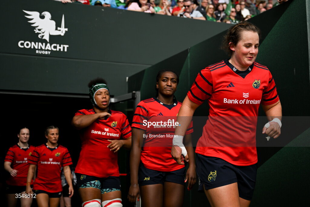 22 August 2026; Enya Breen of Munster leads her teammates onto the pitch before the Vodafone Womens Interprovincial Championship Round 3 match between Connacht and Munster at Dexcom Stadium in Galway. Photo by Brendan Moran/Sportsfile