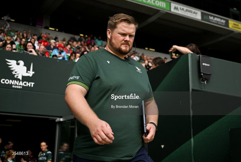 22 August 2026; Connacht head coach Craig Hansberry walks onto the pitch before the Vodafone Womens Interprovincial Championship Round 3 match between Connacht and Munster at Dexcom Stadium in Galway. Photo by Brendan Moran/Sportsfile