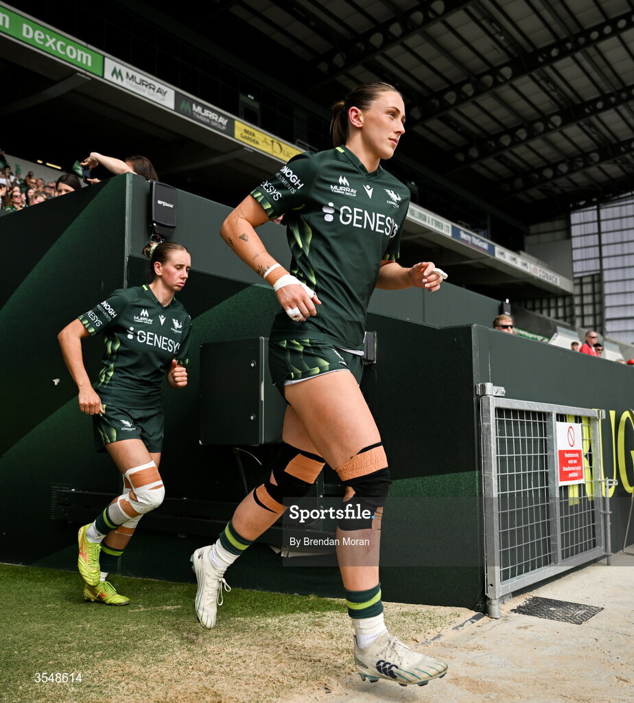 22 August 2026; Anna McGann of Connacht walks onto the pitch before the Vodafone Womens Interprovincial Championship Round 3 match between Connacht and Munster at Dexcom Stadium in Galway. Photo by Brendan Moran/Sportsfile