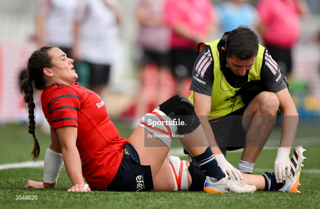 22 August 2026; Jane Clohessy of Munster receives medical attention during the Vodafone Womens Interprovincial Championship Round 3 match between Connacht and Munster at Dexcom Stadium in Galway. Photo by Brendan Moran/Sportsfile