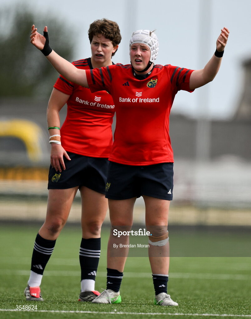 22 August 2026; Beth Buttimer, right, and Caitríona Finn of Munster during the Vodafone Womens Interprovincial Championship Round 3 match between Connacht and Munster at Dexcom Stadium in Galway. Photo by Brendan Moran/Sportsfile