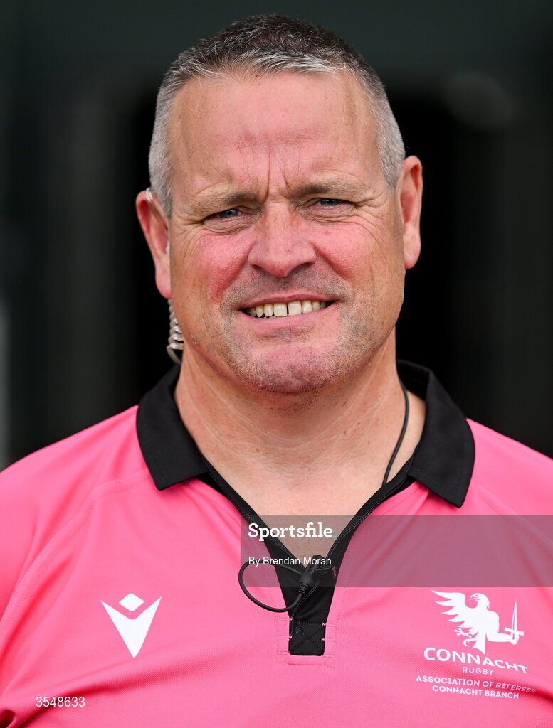 22 August 2026; Assistant referee Michael Honan before the Vodafone Womens Interprovincial Championship Round 3 match between Connacht and Munster at Dexcom Stadium in Galway. Photo by Brendan Moran/Sportsfile