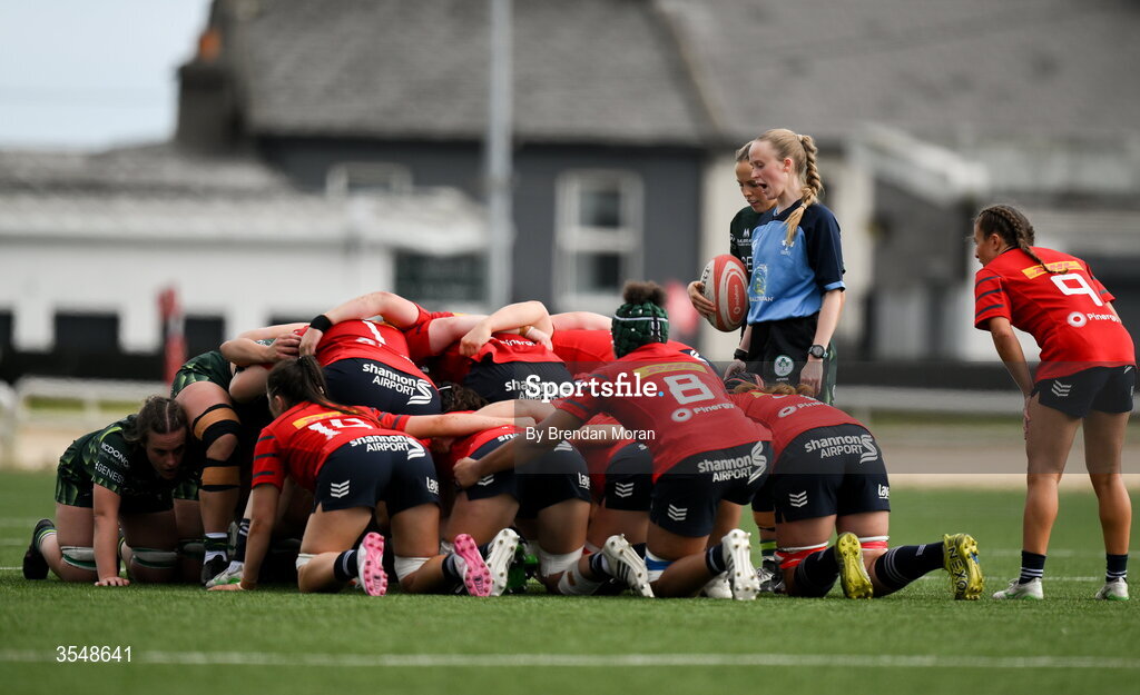 22 August 2026; Referee Alana Kerr oversees a scrum during the Vodafone Womens Interprovincial Championship Round 3 match between Connacht and Munster at Dexcom Stadium in Galway. Photo by Brendan Moran/Sportsfile