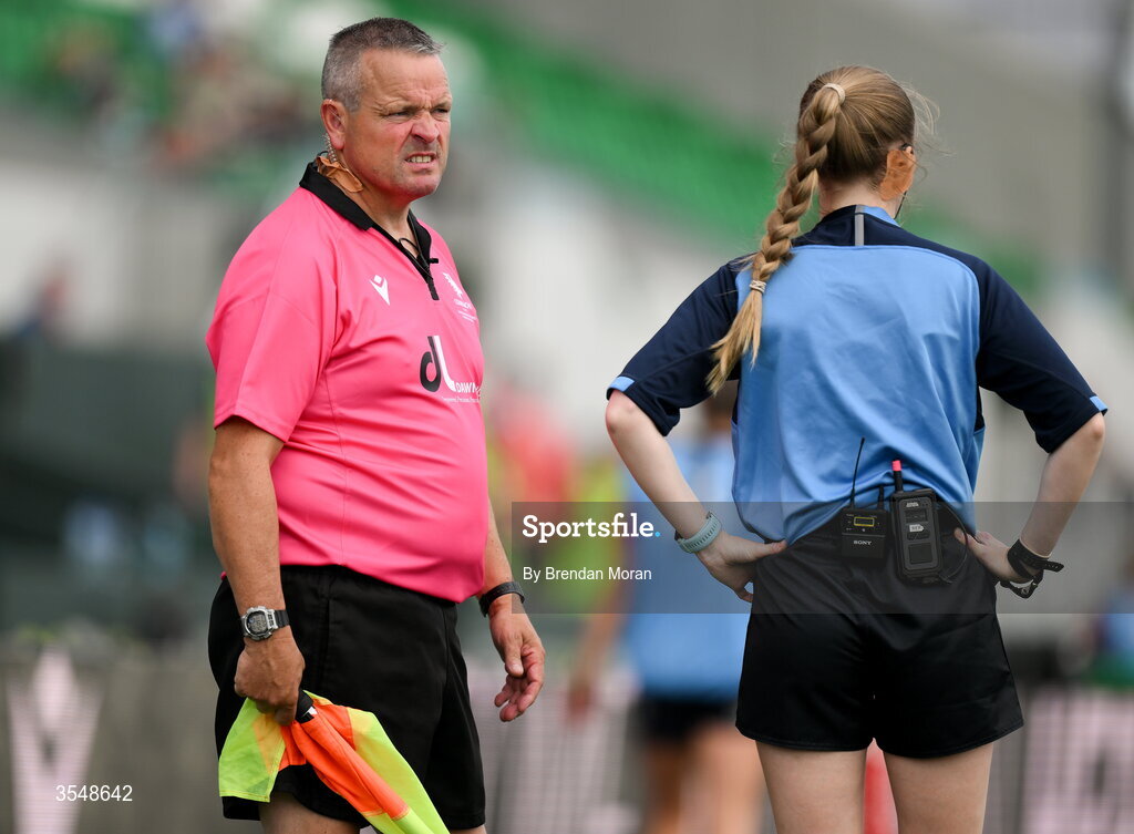 22 August 2026; Assistant referee Michael Honan, left, and referee Alana Kerr before the Vodafone Womens Interprovincial Championship Round 3 match between Connacht and Munster at Dexcom Stadium in Galway. Photo by Brendan Moran/Sportsfile