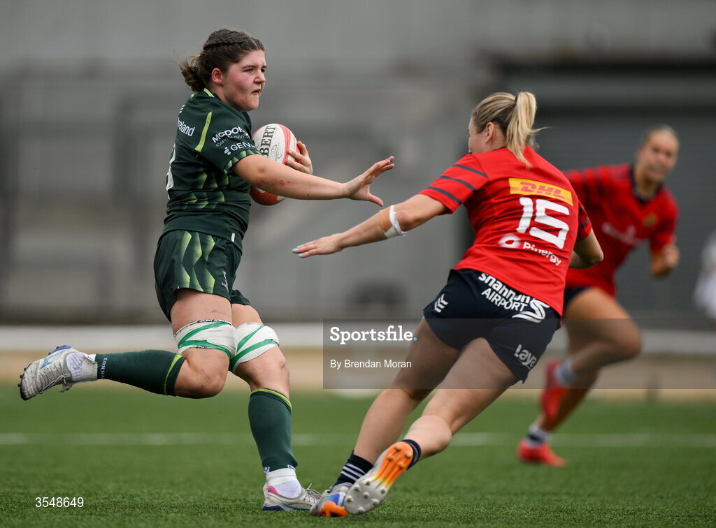 22 August 2026; Jemima Adams Verling of Connacht on the way to scoring her side's second try during the Vodafone Womens Interprovincial Championship Round 3 match between Connacht and Munster at Dexcom Stadium in Galway. Photo by Brendan Moran/Sportsfile