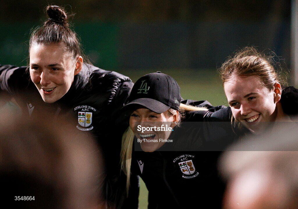 22 August 2026; Athlone Town head coach Lily Agg, centre, celebrates after her side's victory in the Club Orange Women’s FAI Cup semi-final match between Athlone Town and Galway United at Athlone Town Stadium in Lissywollen, Athlone. Photo by Thomas Flinkow/Sportsfile