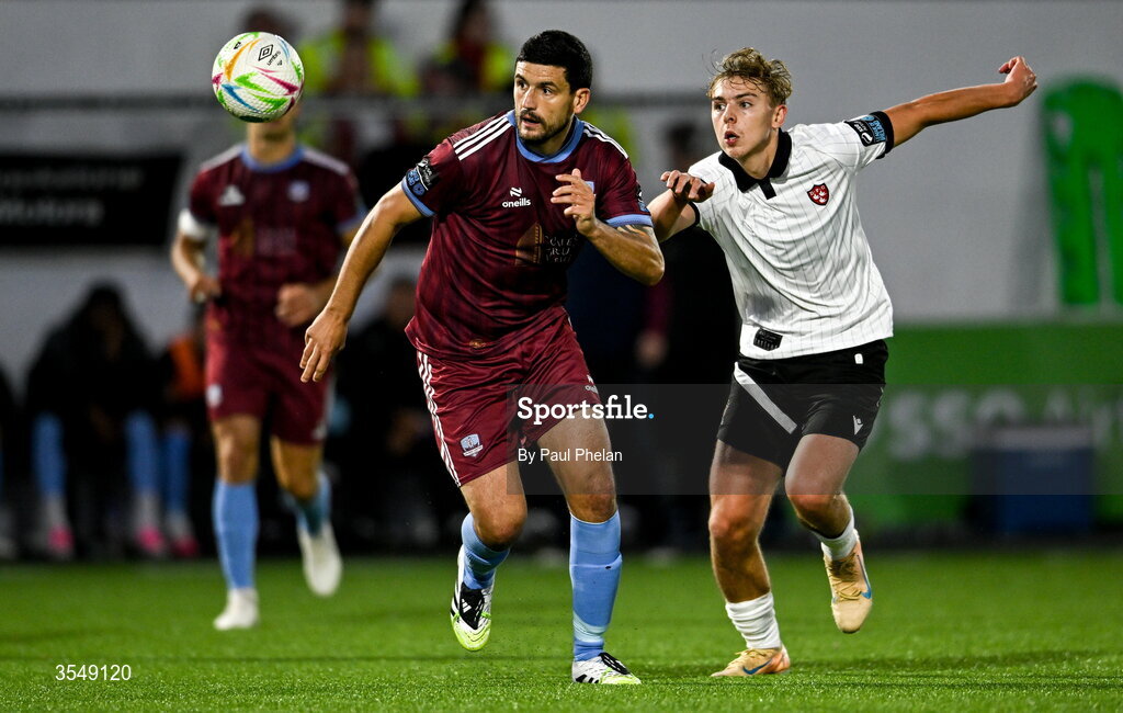 21 August 2026; Anthony O'Connor of Galway United in action against Ronan Teahan of Dundalk during the SSE Airtricity Men’s Premier Division match between Dundalk and Galway United at Oriel Park in Dundalk, Louth. Photo by Paul Phelan/Sportsfile