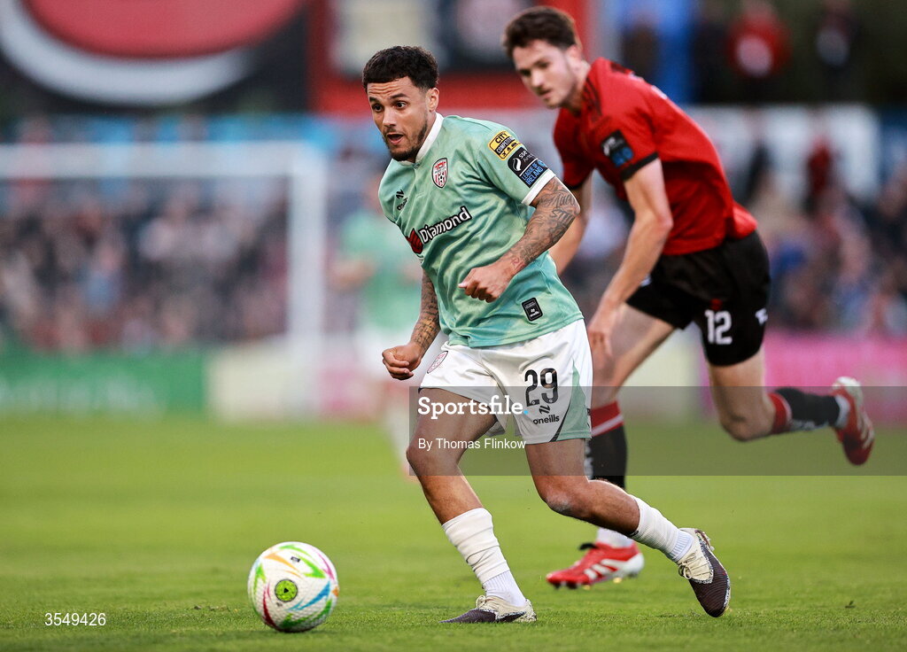 21 August 2026; Tyler Smith of Derry City during the SSE Airtricity Men’s Premier Division match between Bohemians and Derry City at Dalymount Park in Dublin. Photo by Thomas Flinkow/Sportsfile