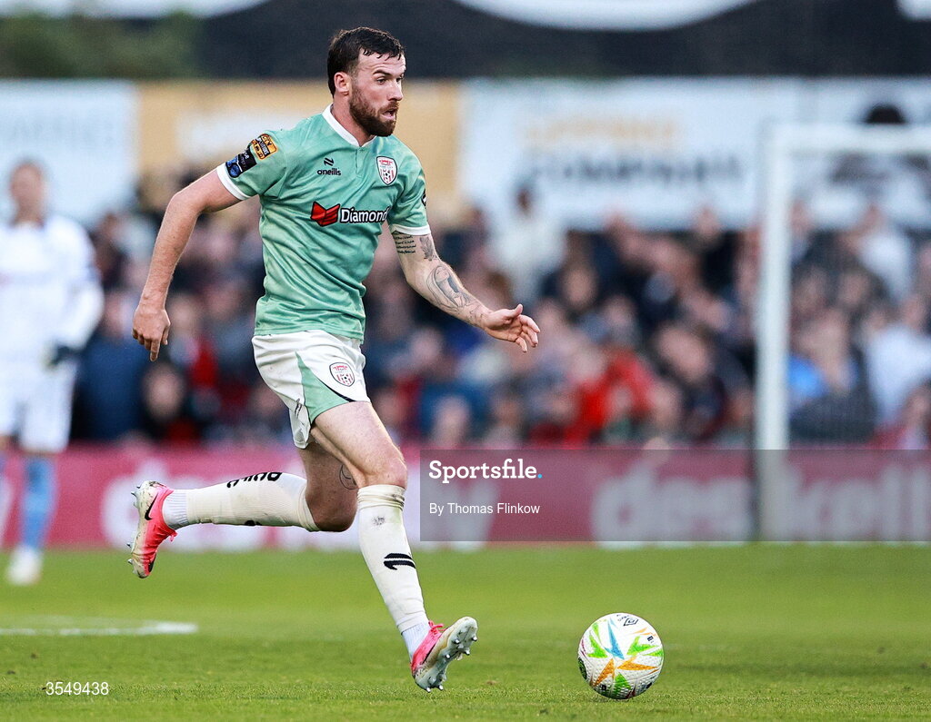 21 August 2026; Patrick McClean of Derry City during the SSE Airtricity Men’s Premier Division match between Bohemians and Derry City at Dalymount Park in Dublin. Photo by Thomas Flinkow/Sportsfile