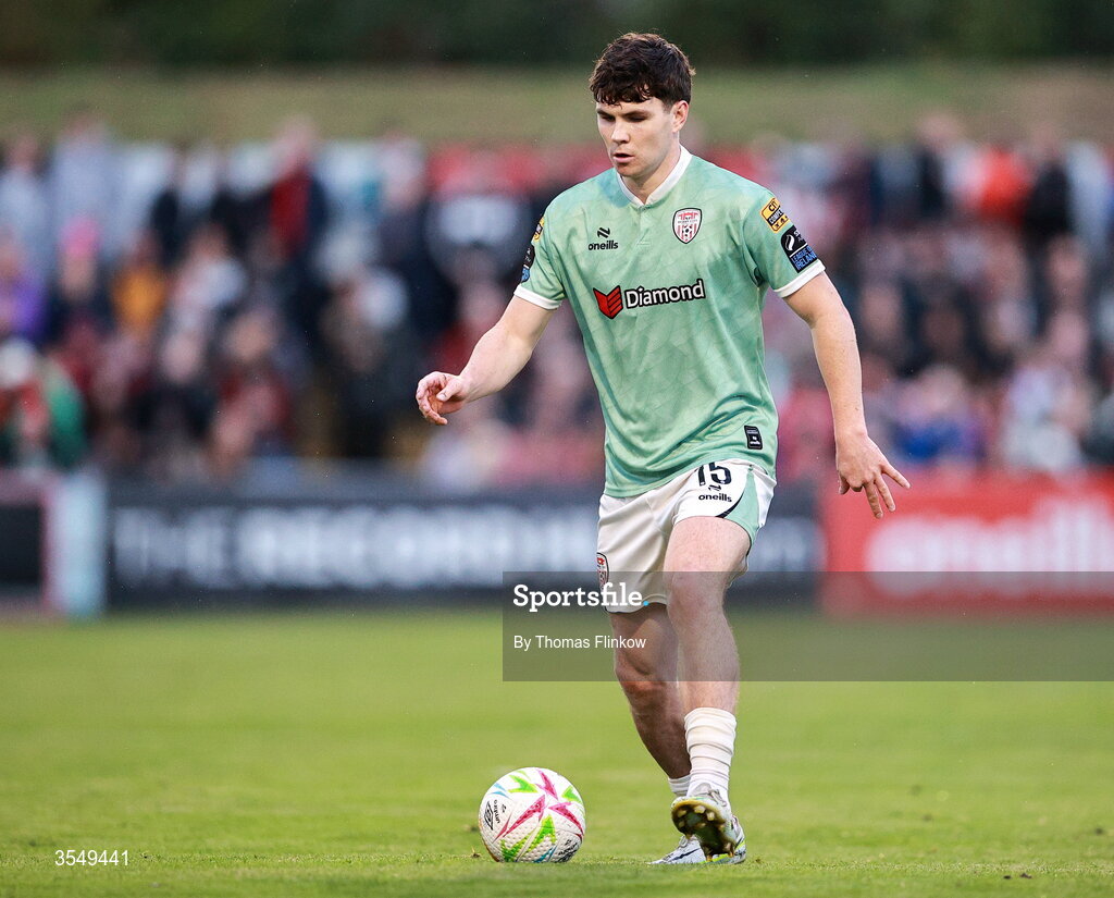 21 August 2026; James Clarke of Derry City during the SSE Airtricity Men’s Premier Division match between Bohemians and Derry City at Dalymount Park in Dublin. Photo by Thomas Flinkow/Sportsfile