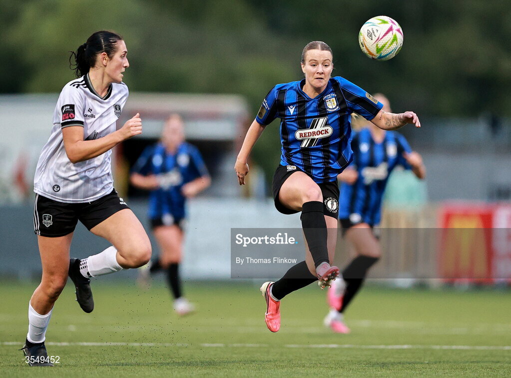 22 August 2026; Alexis Strickland of Athlone Town in action against Ella Raimondi of Galway United during the Club Orange Women’s FAI Cup semi-final match between Athlone Town and Galway United at Athlone Town Stadium in Lissywollen, Athlone. Photo by Thomas Flinkow/Sportsfile