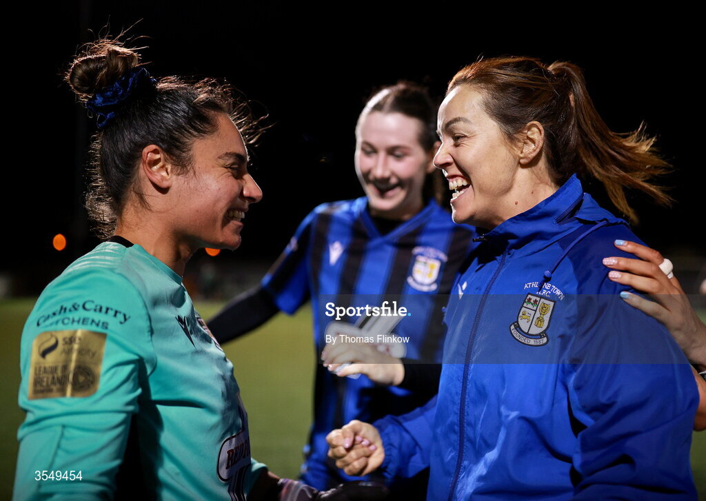 22 August 2026; Athlone Town goalkeeper Maria Matthaiou celebrates with Noelle Murray after their victory in the Club Orange Women’s FAI Cup semi-final match between Athlone Town and Galway United at Athlone Town Stadium in Lissywollen, Athlone. Photo by Thomas Flinkow/Sportsfile