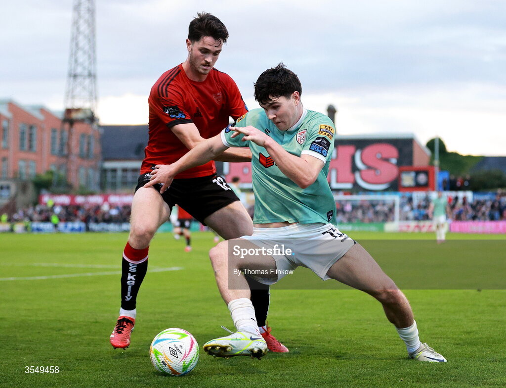 21 August 2026; James Clarke of Derry City in action against Patrick Hickey of Bohemians during the SSE Airtricity Men’s Premier Division match between Bohemians and Derry City at Dalymount Park in Dublin. Photo by Thomas Flinkow/Sportsfile