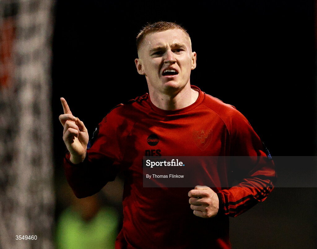 21 August 2026; Ross Tierney of Bohemians celebrates after scoring his side's fourth goal during the SSE Airtricity Men’s Premier Division match between Bohemians and Derry City at Dalymount Park in Dublin. Photo by Thomas Flinkow/Sportsfile