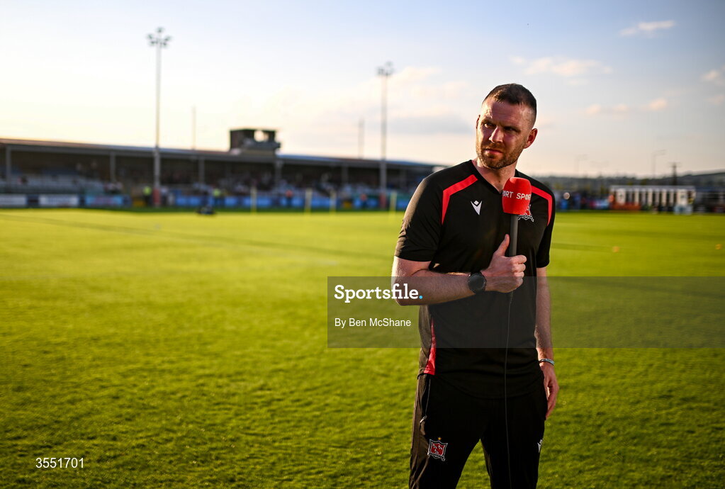 28 August 2026; Dundalk manager Ciaran Kilduff is interviewed by Virgin Media Sport before the SSE Airtricity Men’s Premier Division match between Drogheda United and Dundalk at Sullivan & Lambe Park in Drogheda, Louth. Photo by Ben McShane/Sportsfile