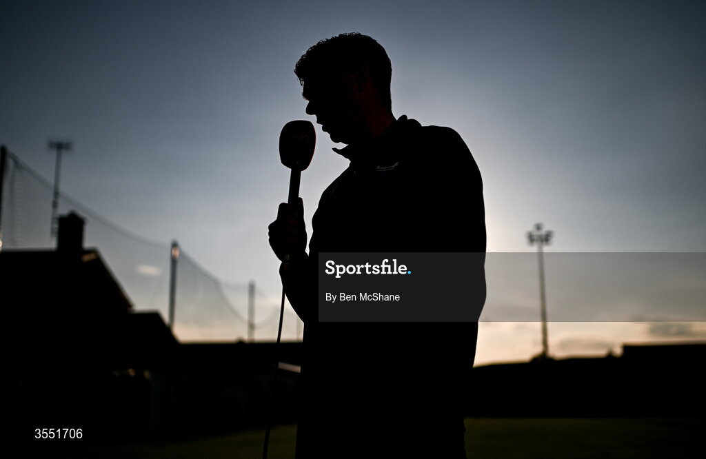 28 August 2026; Drogheda United manager Kevin Doherty is interviewed by Virgin Media Sport before the SSE Airtricity Men’s Premier Division match between Drogheda United and Dundalk at Sullivan & Lambe Park in Drogheda, Louth. Photo by Ben McShane/Sportsfile