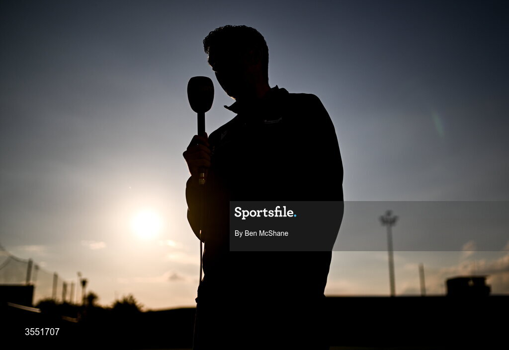 28 August 2026; Drogheda United manager Kevin Doherty is interviewed by Virgin Media Sport before the SSE Airtricity Men’s Premier Division match between Drogheda United and Dundalk at Sullivan & Lambe Park in Drogheda, Louth. Photo by Ben McShane/Sportsfile